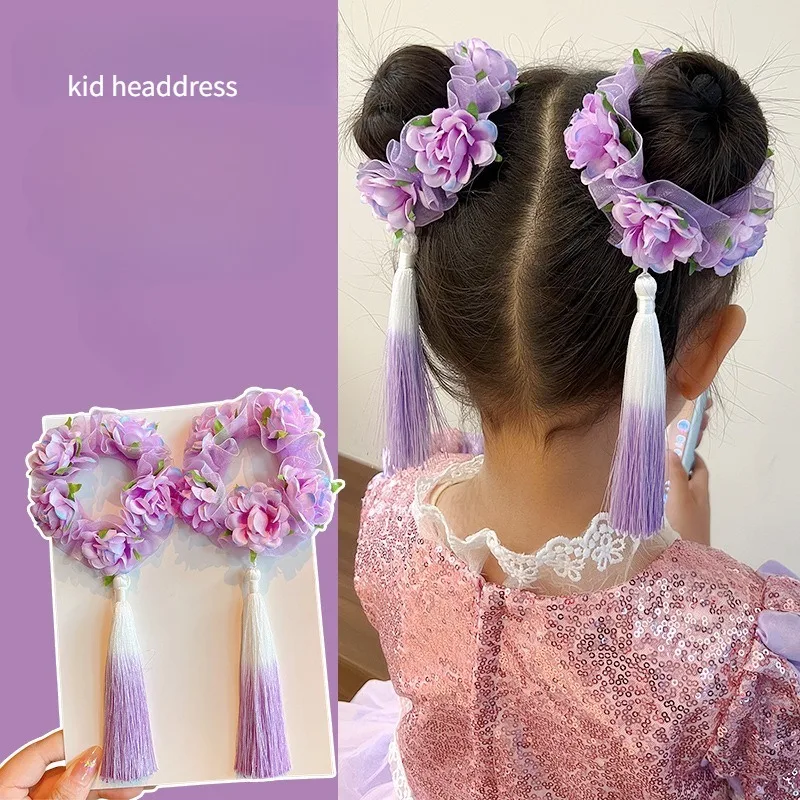 

Винтажные китайские резинки для волос для девочек, украшения для причесок Ханьфу, ленты с кисточками и цветами, эластичные резинки для волос для пучков и хвостиков