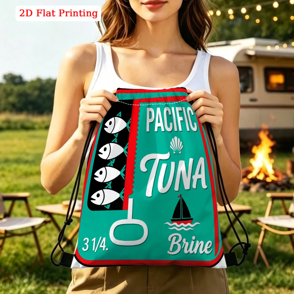 Retro Vintage, Drawstring Backpack, Pacific Tuna Can 2D Flat Printing Graphic, Gym Sports Bag, Outdoor Travel Cinch Sack
