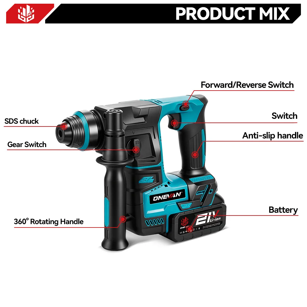 ONEVAN 2500W Bürstenloser Elektrohammer 3500 U/min Kabelloser Leichter Bohrhammer Schlagbohrmaschine für Makita 18V Akku – Detail 4