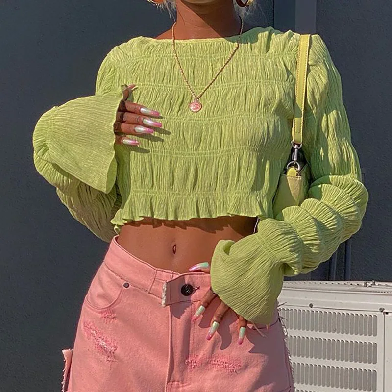 Green Cropped Top Women 2024 Spring Summer Fashion O-neck Flare Long Sleeve Ruffle T-shirt Woman Sexy Short Tee Shirt Streetwear