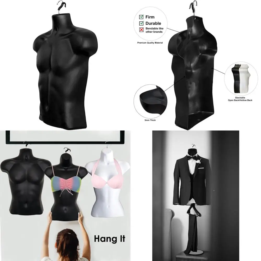 

Black Male and Female Mannequins with Rounded Waist, Hanging Hooks, and Clothing Clips, S-M Sizes, Set of 1