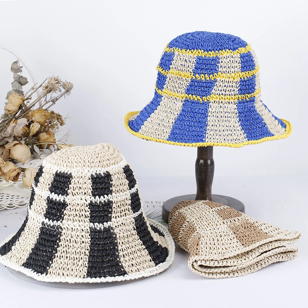 2025 Girl New fashion Style bucket hat Multicolor Foldable Sun Crochet Hat For Beach Travel And Vacation handmade straw hat
