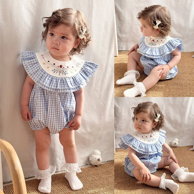 

Summer Baby Girl Clothes Flying Sleeves Romper Floral Embroidery Grid Doll Collar Lotus Leaf Collar Onesie Sweet Cute Bodysuit