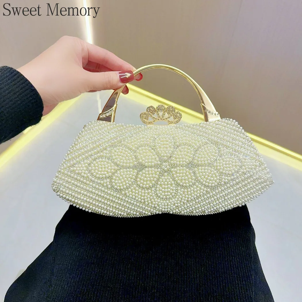 J152 Lady Bags 2025 Sweet Memory Pearl Studded Diamond Handbag, Rhinestone Gold Sliver Black Handbag Women's Banquet Bag