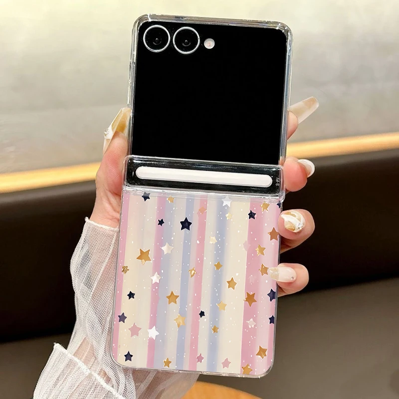 Magnetic Adsorption Clear Phone Case For Samsung Galaxy Z Flip7 Flip6 Flip5 Flip 7 FE 6 5 Dreamy Star Pattern Folding Hard Cover