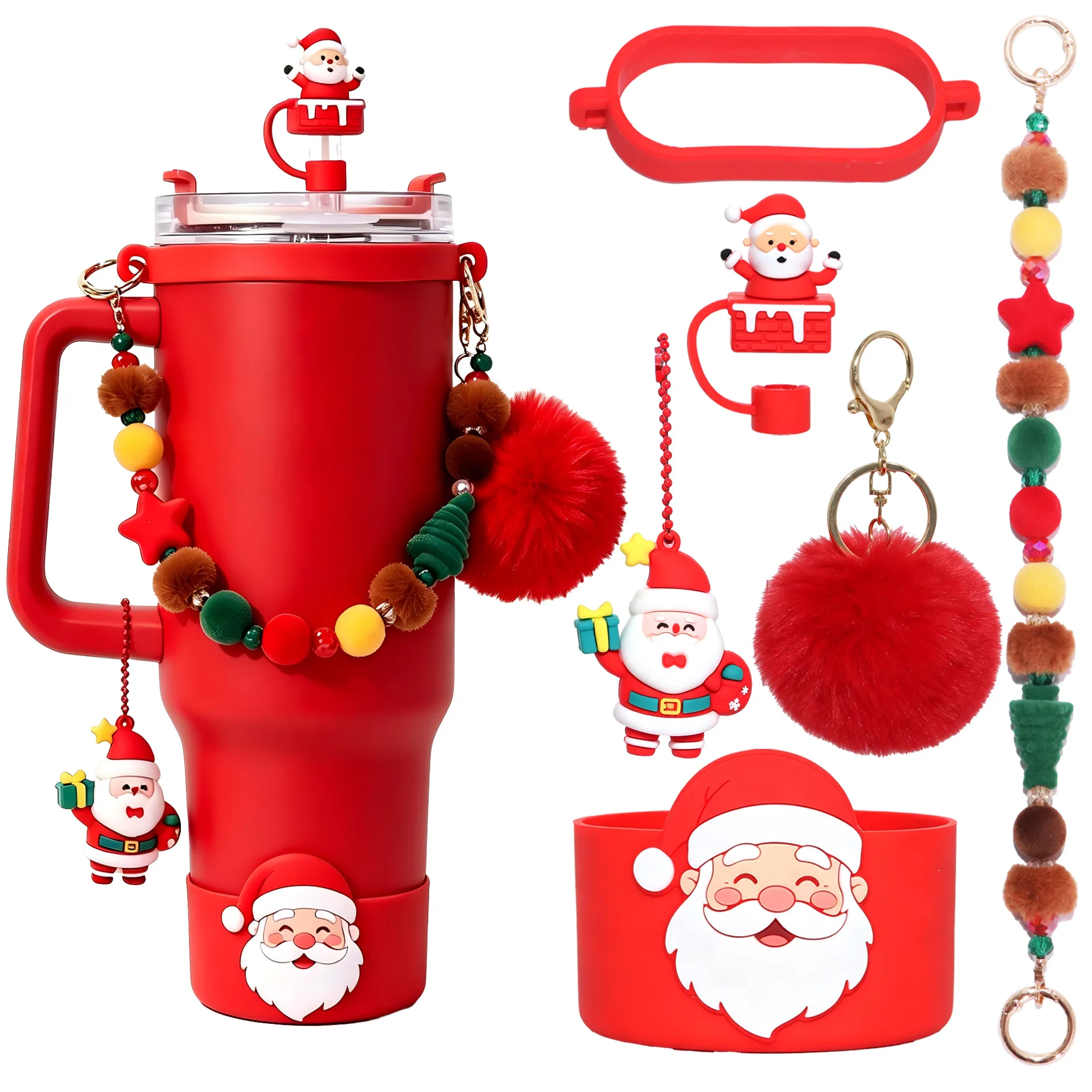 6pcs/set Merry Christmas Cup Accessories for Stanley Cup Including Siliocne Cup Boot Straw Cover Charms for 40oz 30oz Tumbler