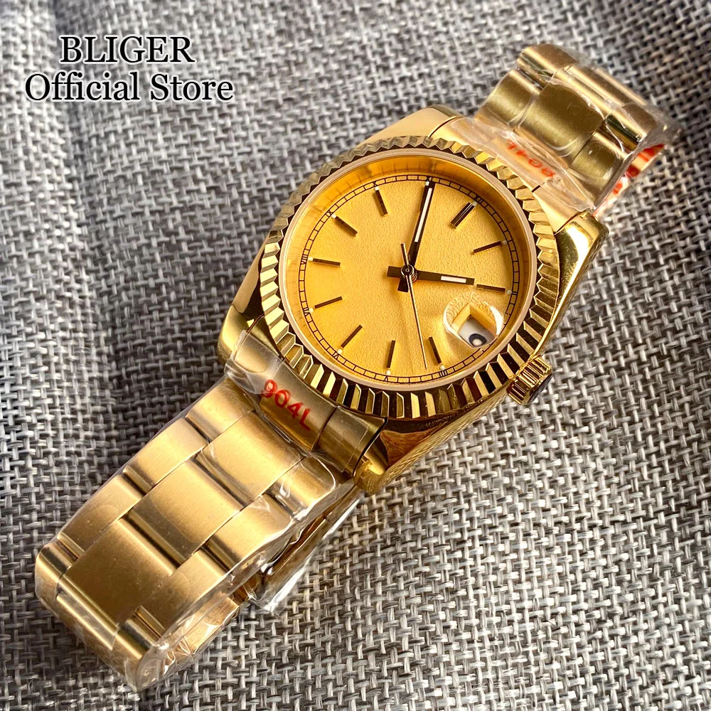 BLIGER 36mm NH35A Automatic Watch For Men Sapphire Glass Luminous Gold Hands Polished Case Steel Bracelet Yellow Dial