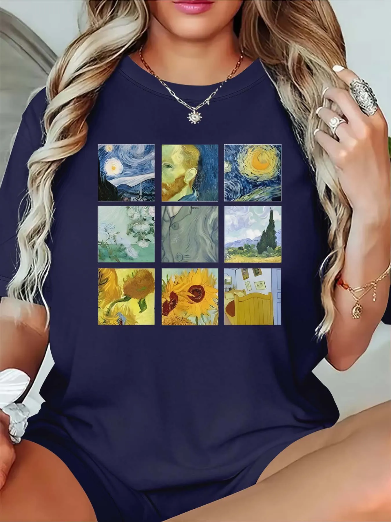 Plus Size Artistic Van Gogh Masterpiece Collage Tee For Women’s Sophisticated Fashion Taste