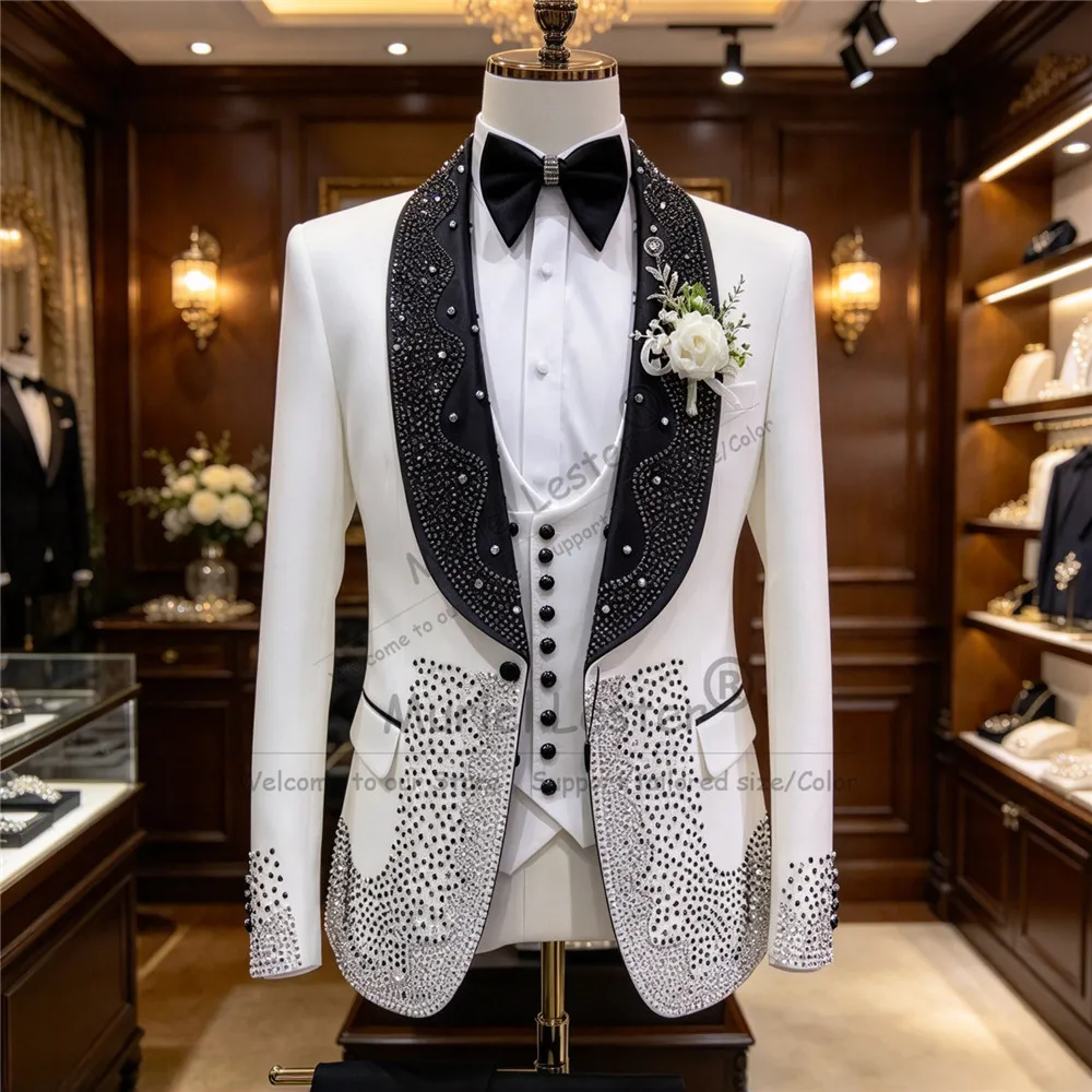 Luxury Single Breasted Suits Men For Wedding Sparkly Crystals Beaded Prom Blazer Vest Pants 3 Piece Sets Groom Ceremony Tuxedo