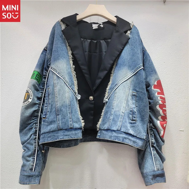 

Miniso 2025 Denim Blazer Women's Jacket, Letter Print Color Block Short Coat