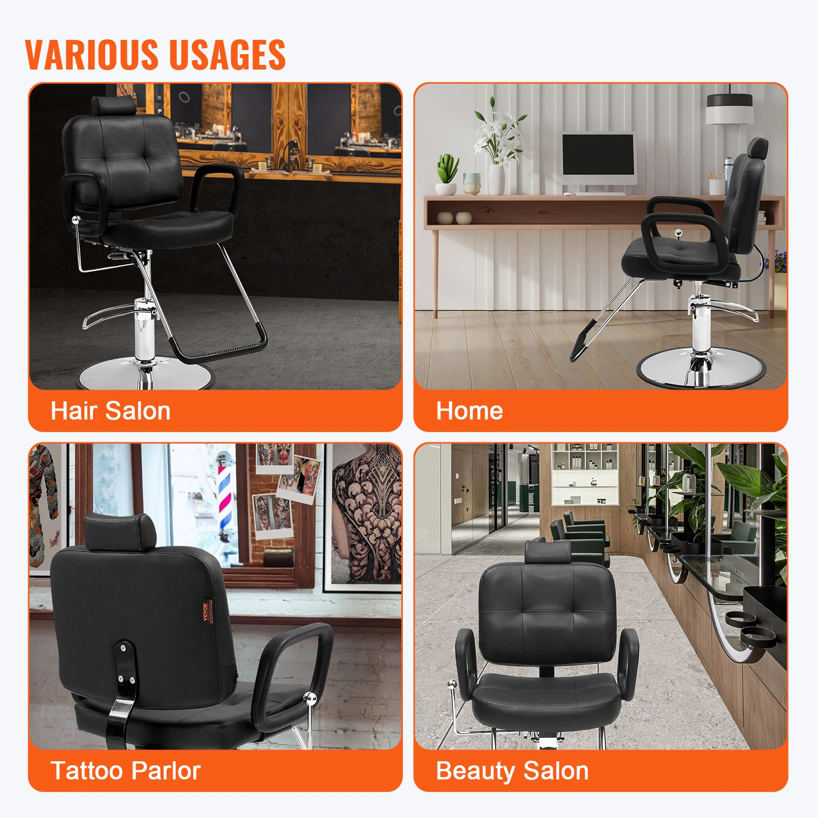 VEVOR Sillón de Peluquería Inclinable 90°-125° Sillón de Peluquería Hidráulico Giratorio 360° 150 kg Altura Regulable 1080-1230 mm Asiento de Peluquería para Salón Profesional, Champú, Belleza, Negro