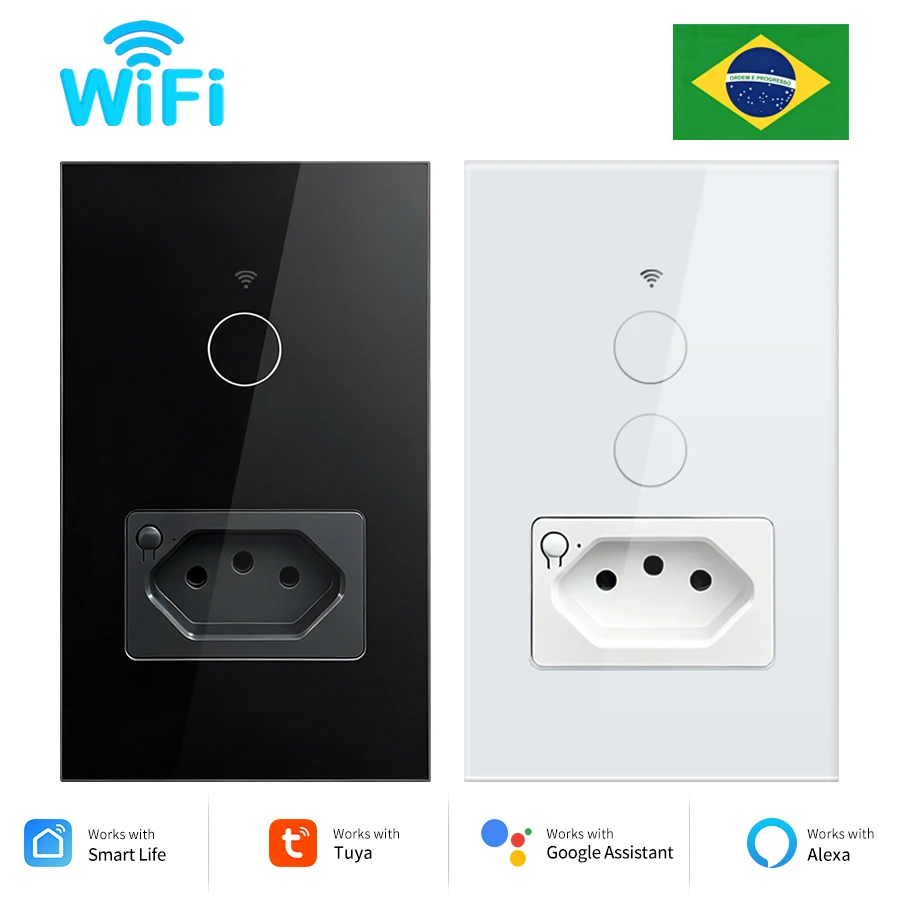 Tuya WiFi Smart Socket Brazil Standard Wall Touch Switch 10A Smart Plug Outlet Light Switches Work With Alexa Google Assistant
