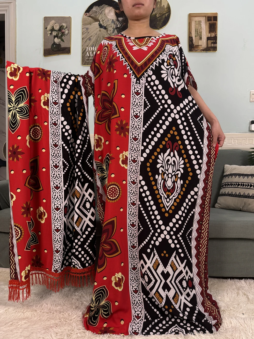 

Muslim Abayas For Women 2025 Cotton Floral Printed Loose Caftan Marocain Femme Robe Eid Islam African Dresses With Pocket Scarf