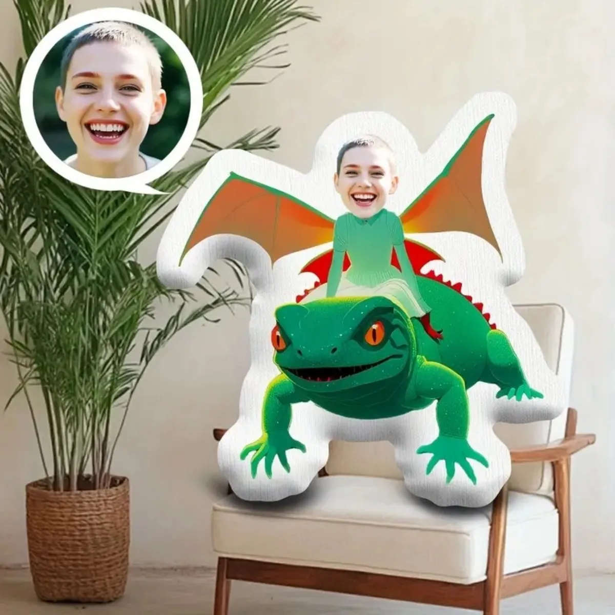 Personalized photo home plush pillow - Custom lizard dinosaur face shape gift with your photo, funny and interesting gift