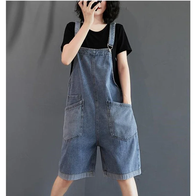 Rompers Women Summer Baggy Solid Wide-leg Overalls Students Korean Style Big Pocket Jeans Jumpsuits Female Shorts Playsuit V1241