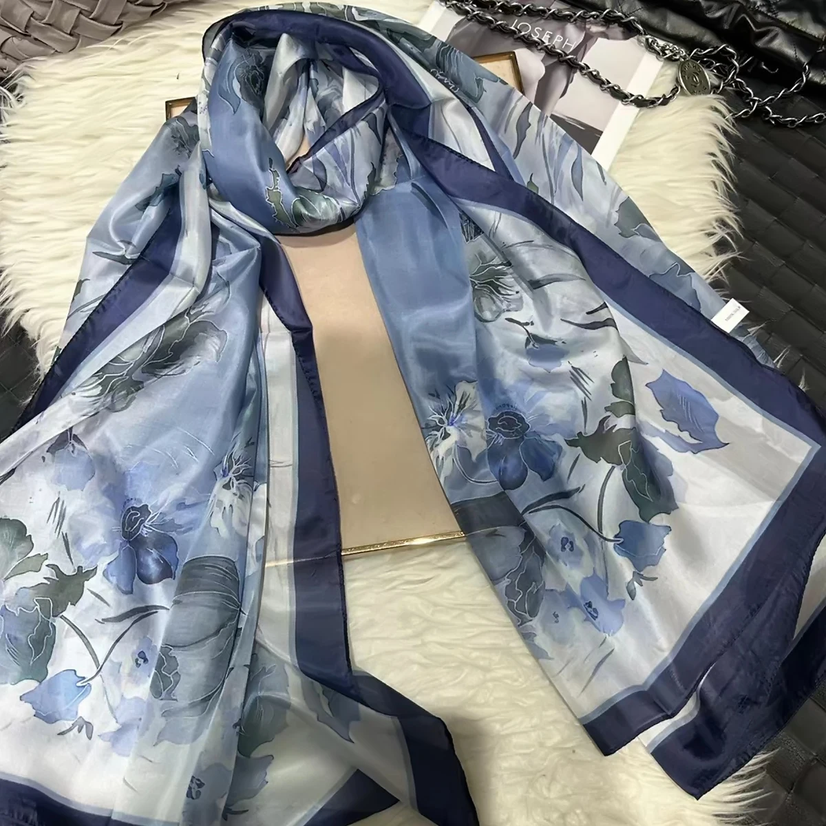 Purple 100% Silk Scarf Shawl Bufanda Women Spring Fall Fashion Floral Design Scarf hair Hijab Winter Long Scarves Wraps Bufanda