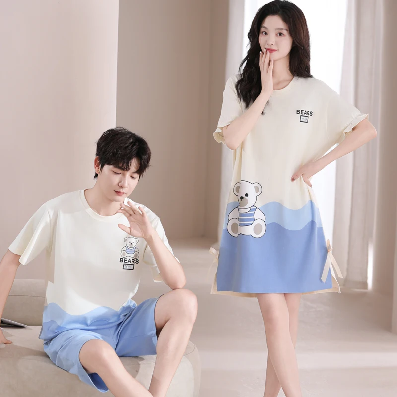 

Summer Couple Pajama Set Women Nightgown 100% Cotton Short Sleeve Pyjamas