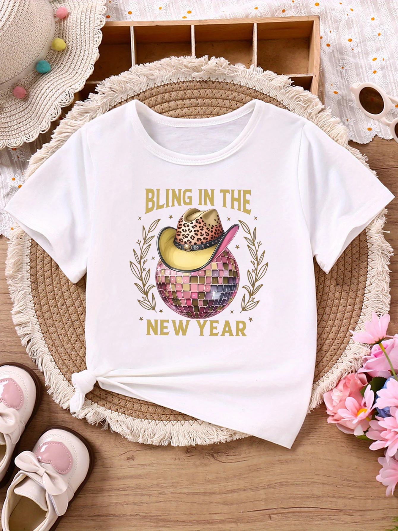 Bling In The New Year Western Cowboy Printed T Shirt Girls New Year Gifts T-Shirt Funny Kids Clothes Black/Blue/Purple T-Shirt
