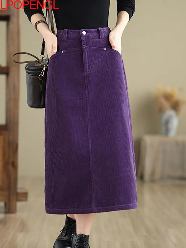 

Fashion Elegant Purple Corduroy Casual A-line 2024 New Woman Autumn Winter Office Lady High-waisted Temperament Straight Skirt