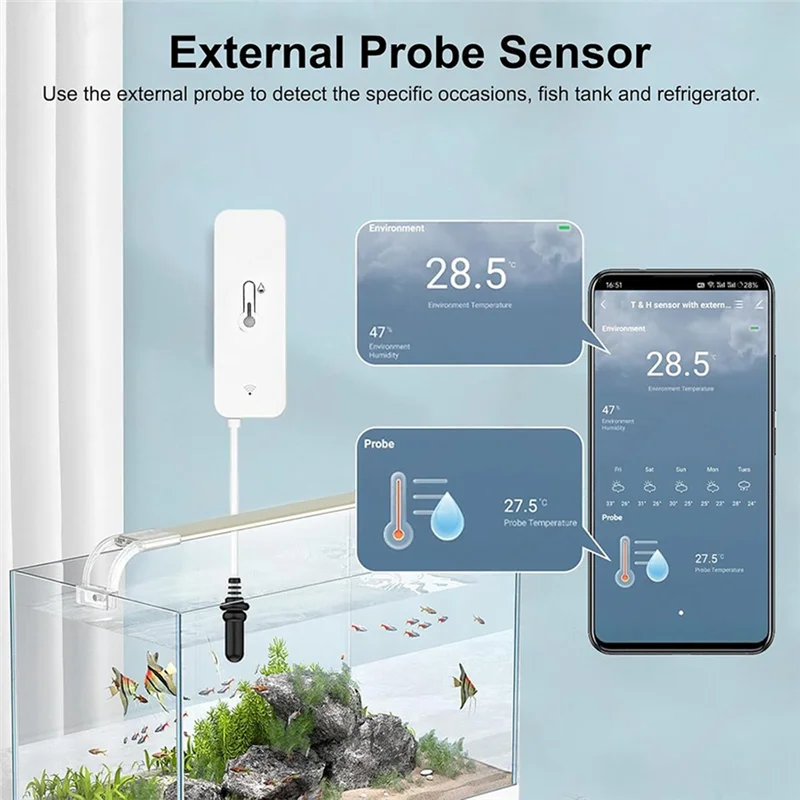 【빠른 판매】투야 와이파이 온습도 센서 외부 프로브 포함 무선 앱 모니터링 기능 냉동고 어항용