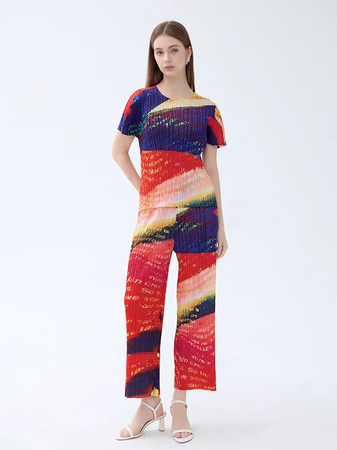

Miyake Women's Winter Suits Pleated Sunset Orange Interplanetary Voyager Sets Women Causal Short Sleeve Tops Straight Leg Pants