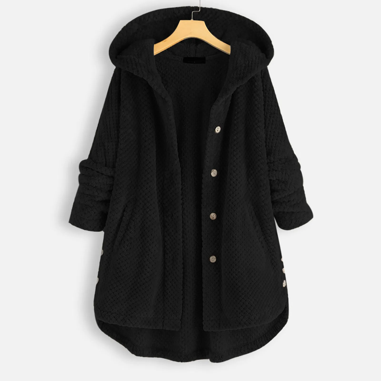 Manteau à Capuche en Peluche pour Femme, Veste Irrégulière Vintage, Manches sulf, Bouton Sourire, Vêtements d'Extérieur Chauds, Automne Hiver