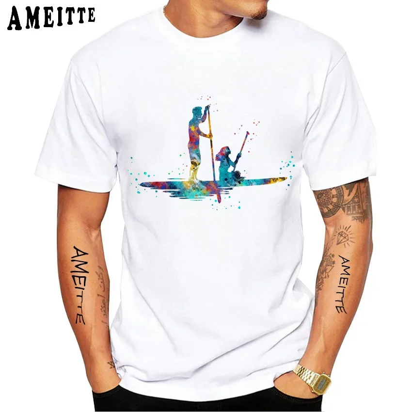 SUP Paddle Boarder Couple Watercolor Art T-Shirt New Summer Fashion Men Short Sleeve Hip Hop Boy Tops SUP Sport Mans White Tees