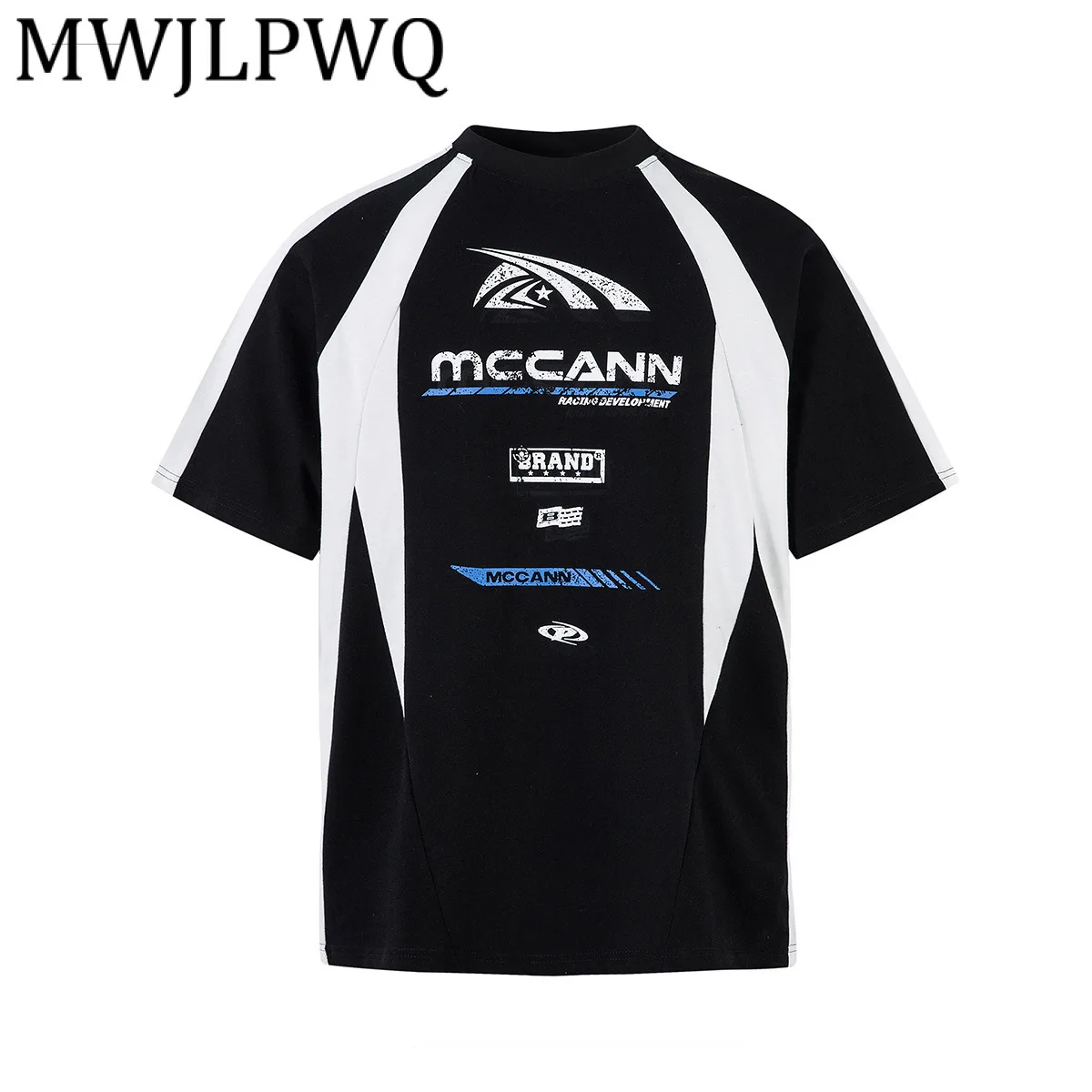 

MWJLPWQ Men's American Letter Sports Motorcycle T-Shirt Street Style Color Block Patchwork Design Short Sleeve Tops Summer 21398