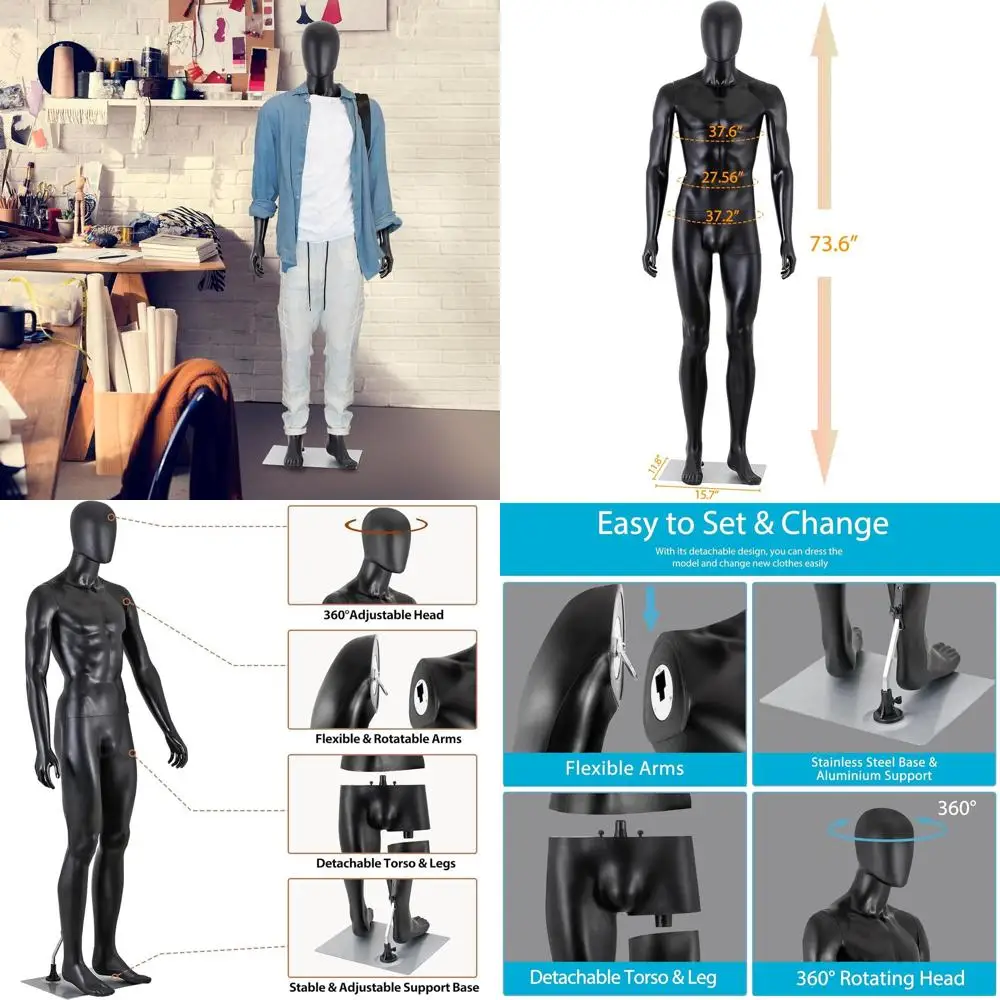 

73 Adjustable Male Mannequin with Flexible Limbs, Detachable for Clothing Display, Metal Base (Black)
