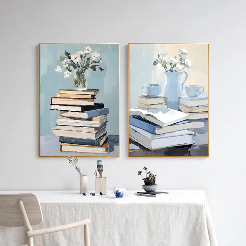 Book Lover Print Poster Stack of Books Bookworm Pastel Canvas Painting Trendy Wall Art Apartment Aesthetic Study Room Home De - view 4