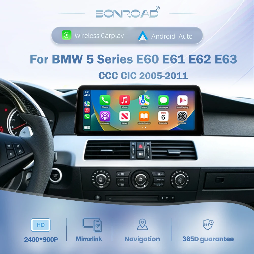 BONROAD Autoradio con Carplay Wireless da 12,3'' per BMW Serie 5 E60 E61 E62 E90 E92 E93 2004 - 2012 CIC CCC Schermo Ultra-sottile 2400*900P Lettore Multimediale con Android Auto RDS Navigazione GPS