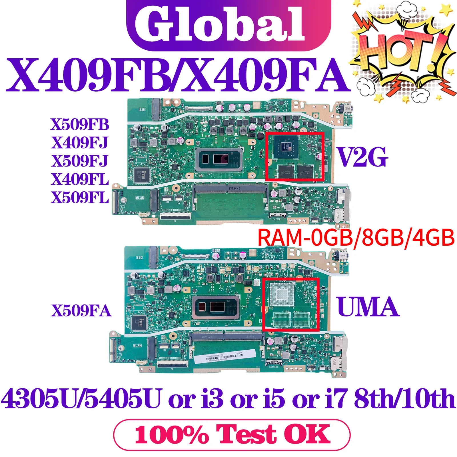 

X409FB Mainboard For ASUS X409FA X509FA FL8700F X509FB X409FJ X409FL X509FL Y4200F Y5200F R521FL F409F F509F Laptop Motherboard