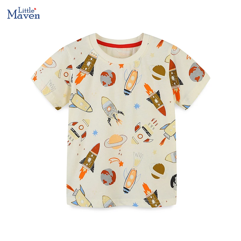 Little maven Kids Clothes Baby Boys 2026 Summer New T Shirts Holiday Children's Clothing Cartoon Rockets Space Shirts 2-7 Years