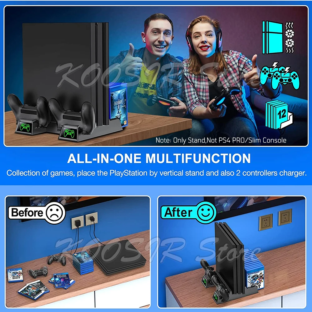PS4 Slim Play Station 4  PRO Cooling Stand With 2 Gamepad Charging Dock 12 Video Games Support for Playstation 4 S Accessories