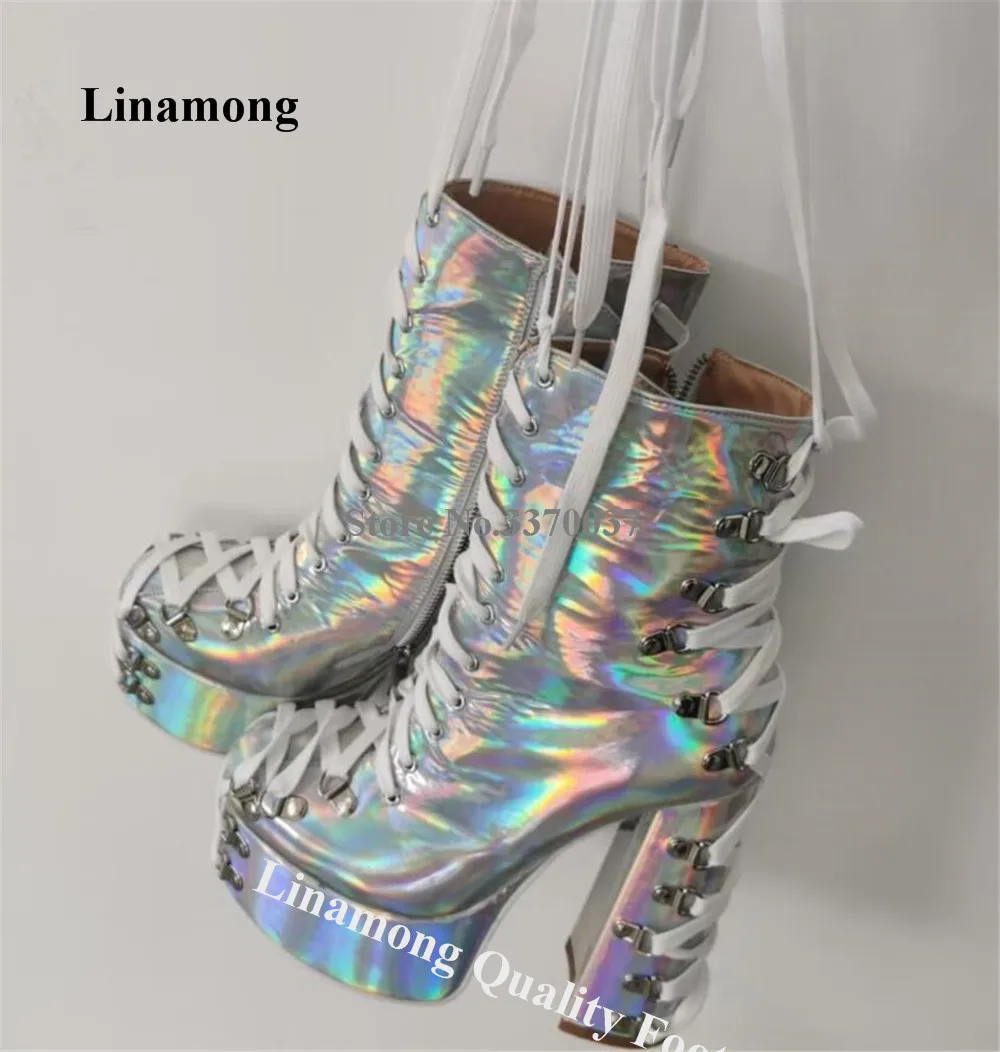 Linamong Hologram Iridescent Silver Chunky Heel Short Boots Round Toe Lace-up Buckles High Platform Thick Heel Ankle Booties