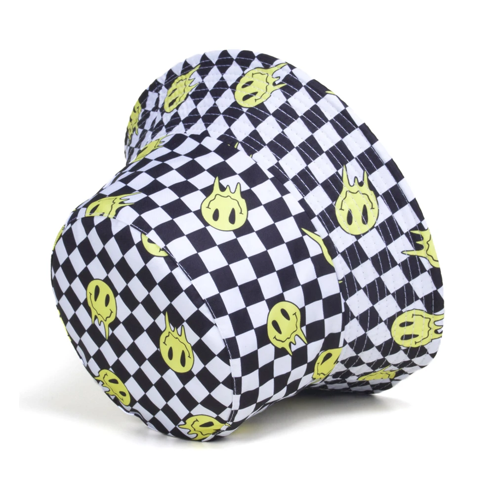 Bocca Smile Face Bucket Hat Plaid Panama Fisherman Hats Women Men Yellow Face Cartoon Bob Cap Hip Hop Foldable Sun Outdoor Caps