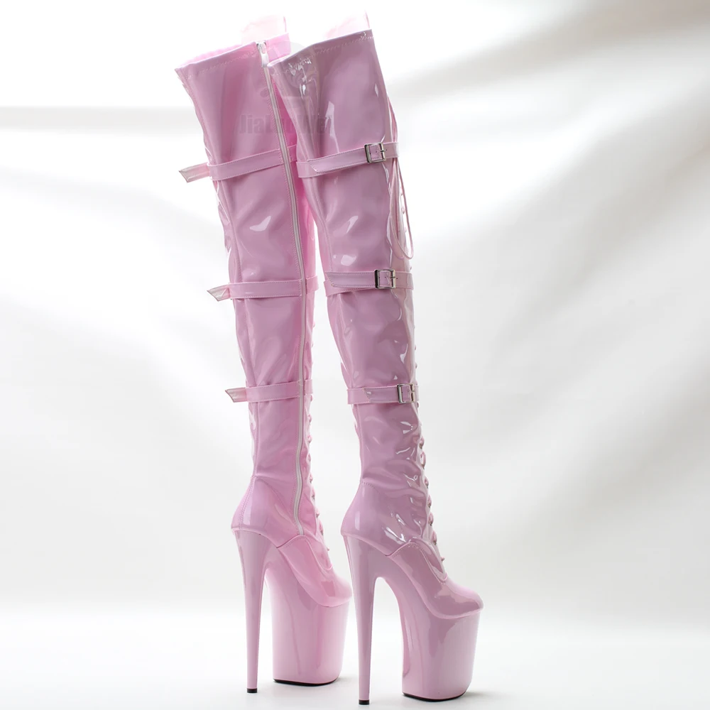 Extreme 8 Inch High Heels (9cm) Platform Lace-Up Front Stretch Thigh High Boot with Straps Belt Buckle Pole Dancing In Stock