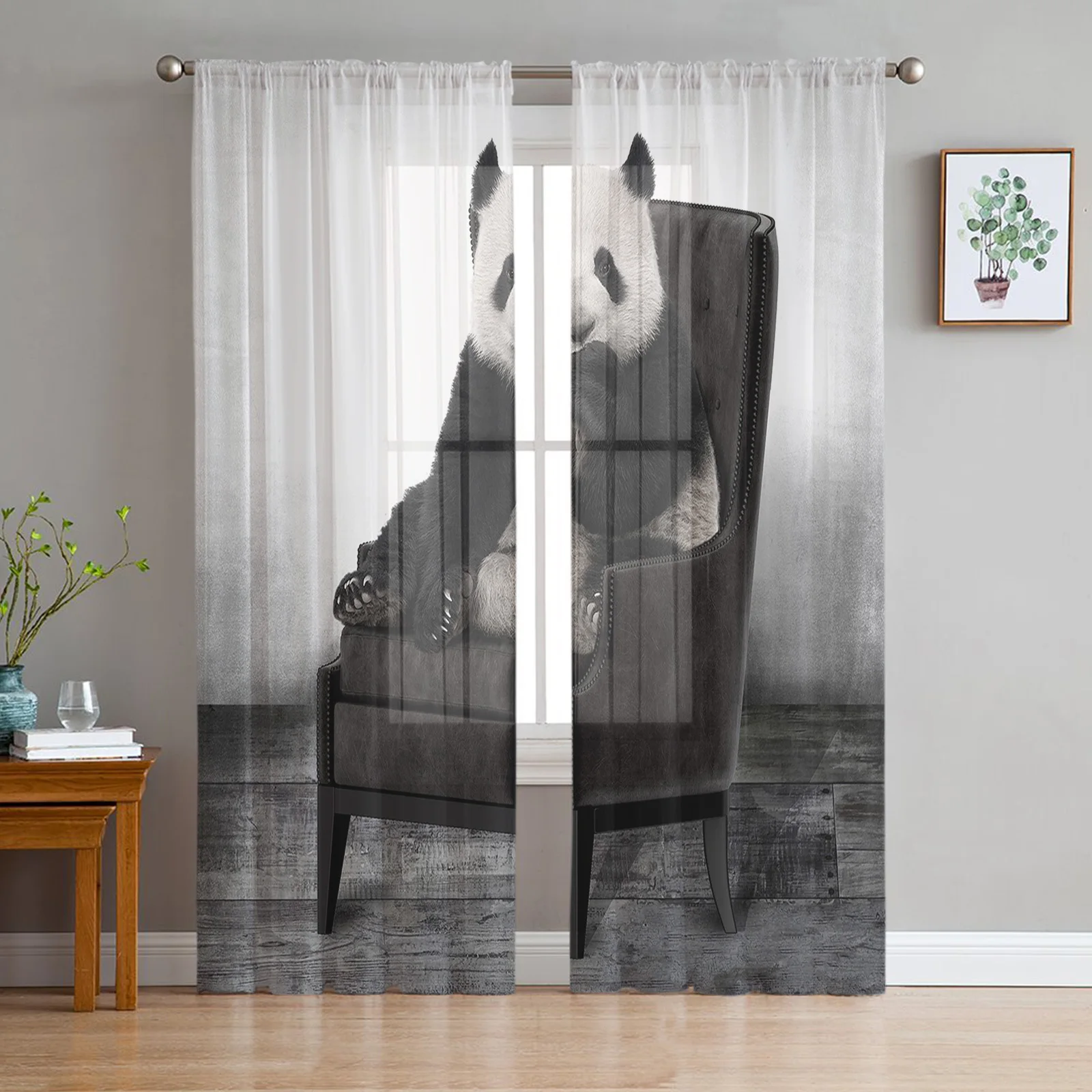 Panda Sit Chair Black And White Farm Modern Sheer Curtains for Living Room Bedroom Tulle Curtains Window Voile Curtain Kitchen