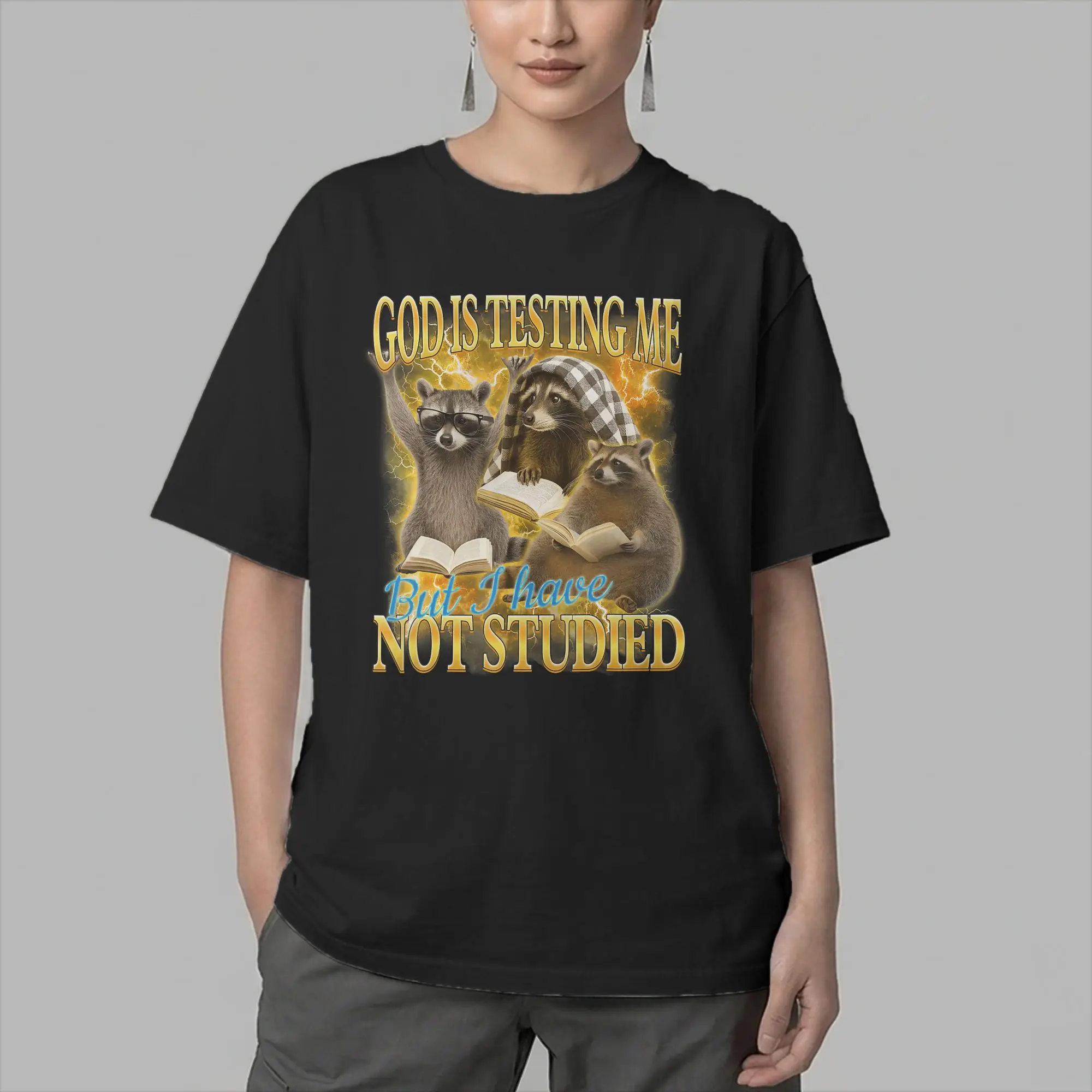 God Is Testing Me And I Have Not Studied Funny Raccon Men's T Shirt  Tee Shirt Short Sleeve O Neck T-Shirt Pure Cotton Clothes
