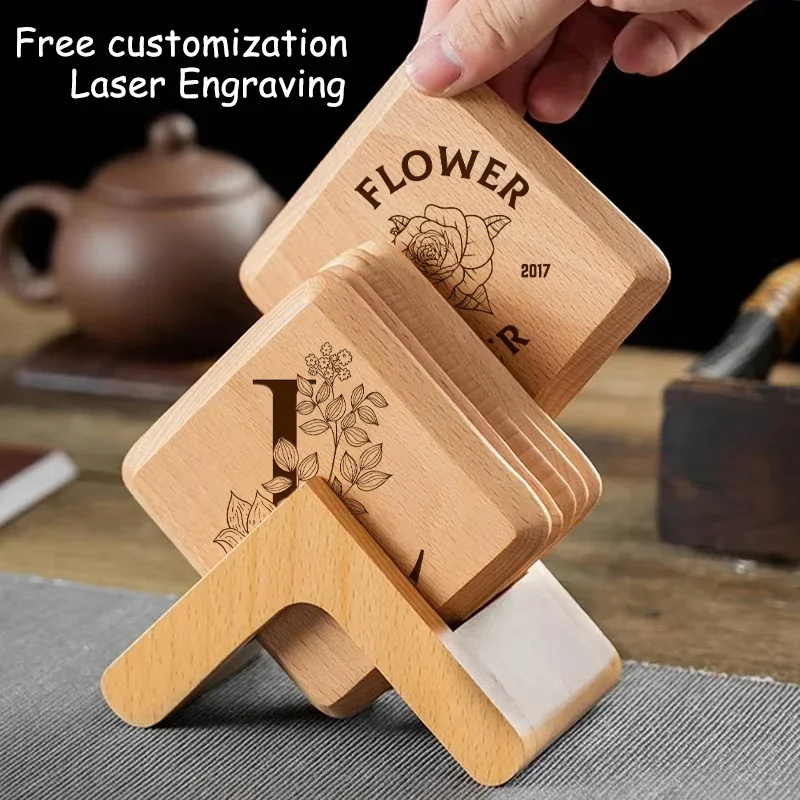 6PCS/Set Free Engraving Solid Walnut Beech Wood Coaster Wooden Coffee Tea Cup Mat Durable Personalized Cup Kitchen Mat For Gift