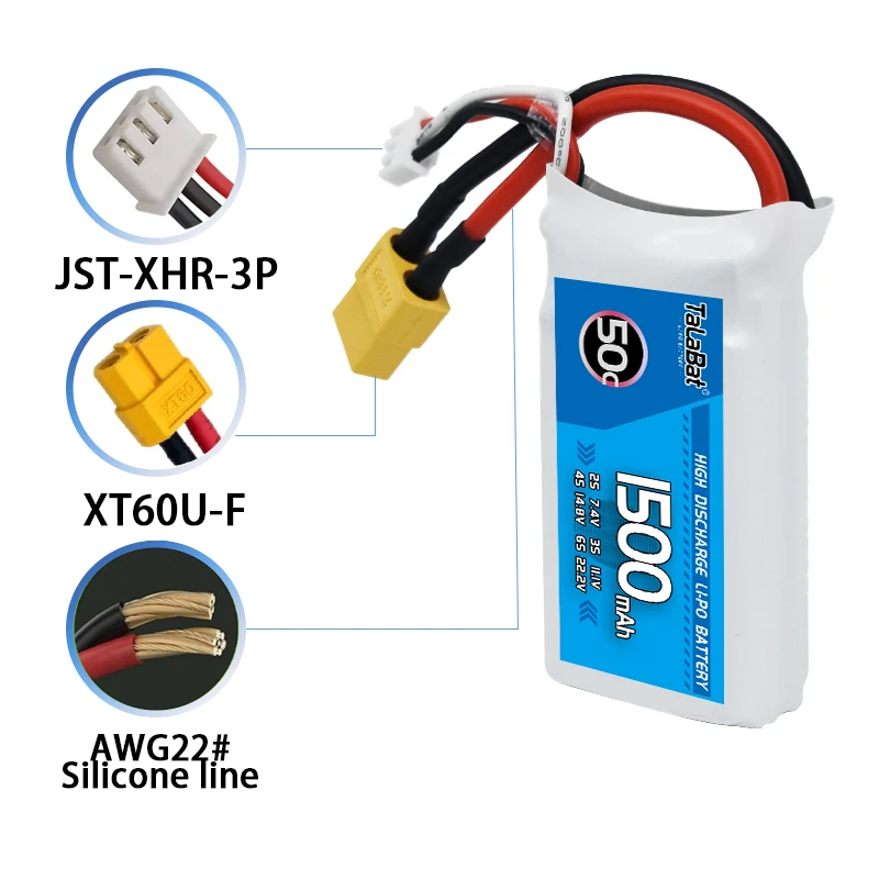 TalaBat 1500mAh 7.4V 50C Lipo Battery With XT30/XT60/T/JST Plug For RC Helicopter Quadcopter FPV Racing Drone Parts 2S Battery