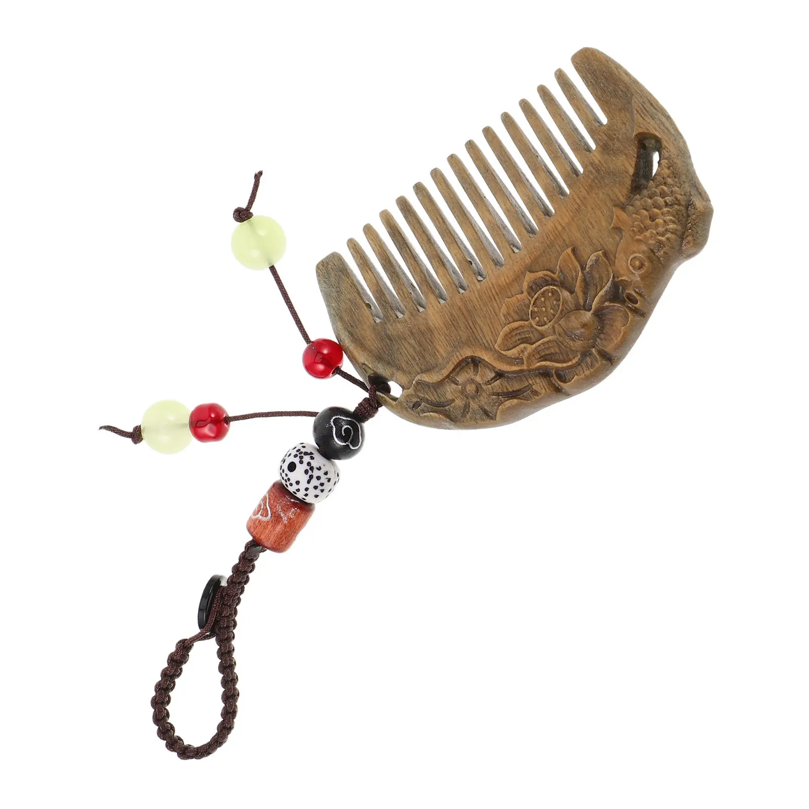 Mini Sandalwood Pocket Comb Carved Lotus Fish Vintage Chinese Style Hair Comb Portable Travel Size Natural Wood Grooming Tool