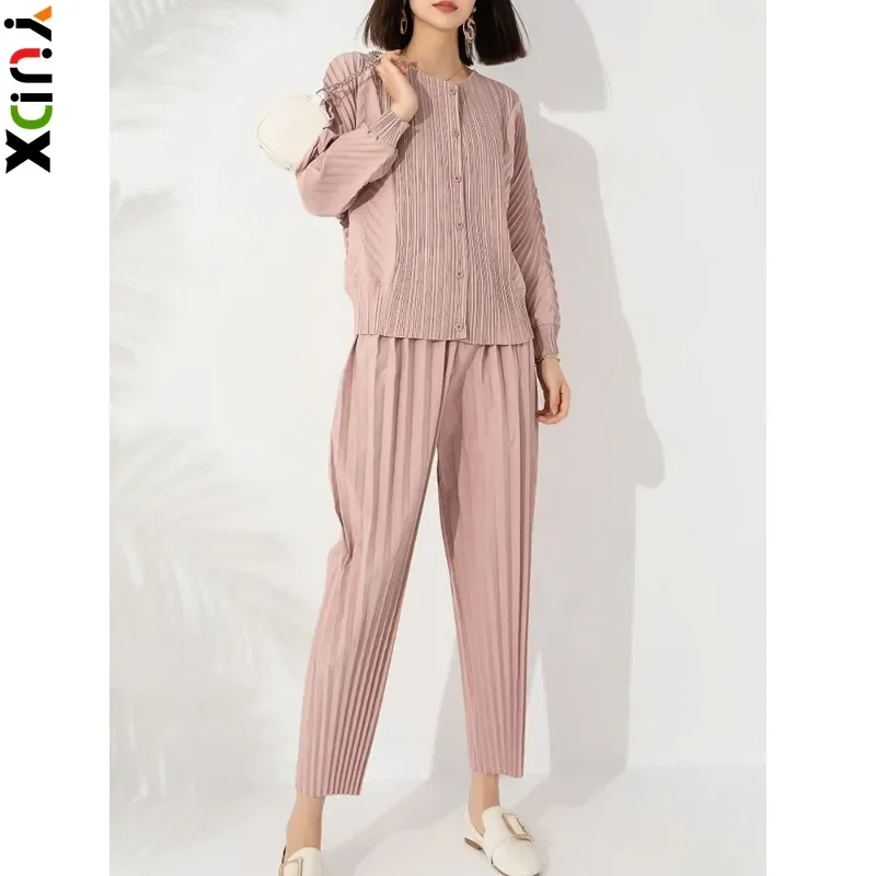 YUDX Miyake Casual pieghettato 2 pezzi Set donna girocollo monopetto camicia pantaloni a vita alta solido 2023 autunno nuovo