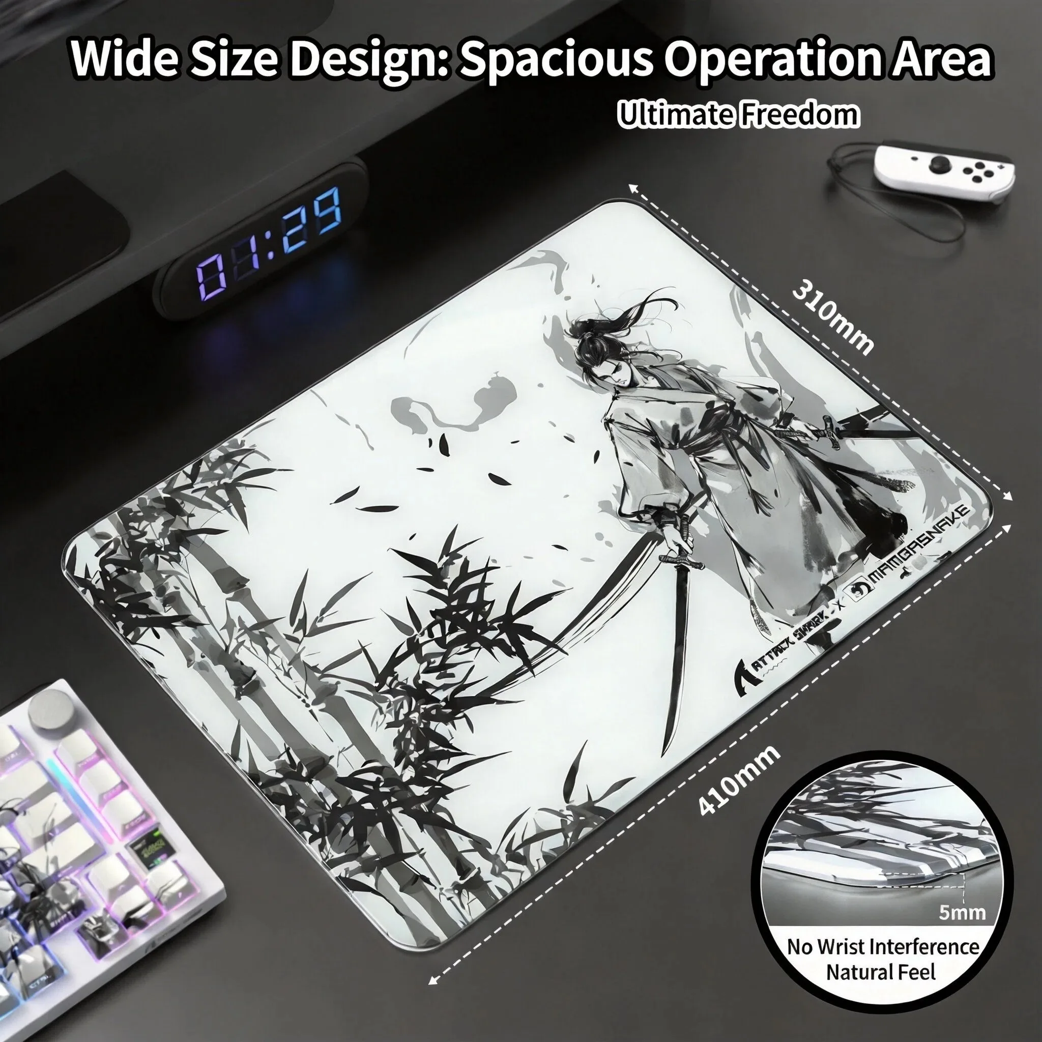ATTACK SHARK CM05SE Tempered Glass Mouse Pad, 9H Hardness Anti-Scratch, Nano Etched Ultra-Smooth Surface, Non-Slip PU Base