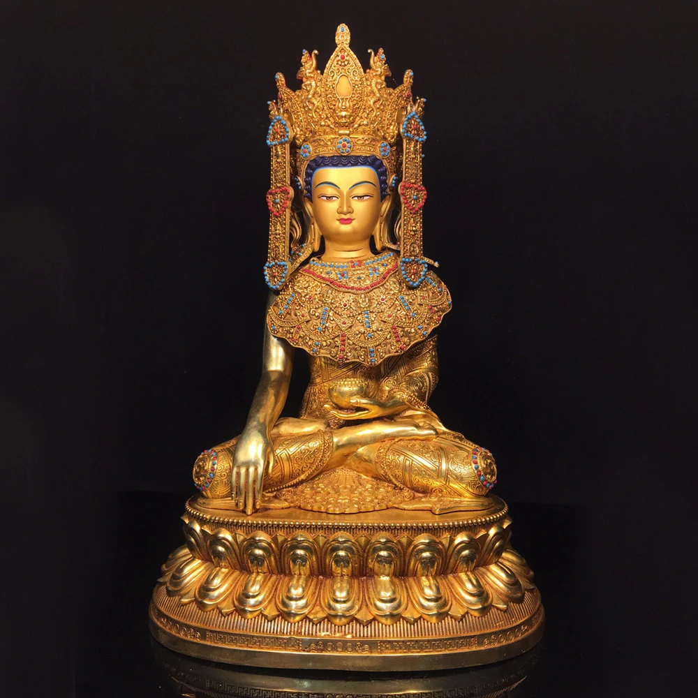 Antique Copper Gold Gilded Enlightened Shakyamuni Buddha Statue Serene Face Heavy Patina Fine Craftsmanship Home Decor