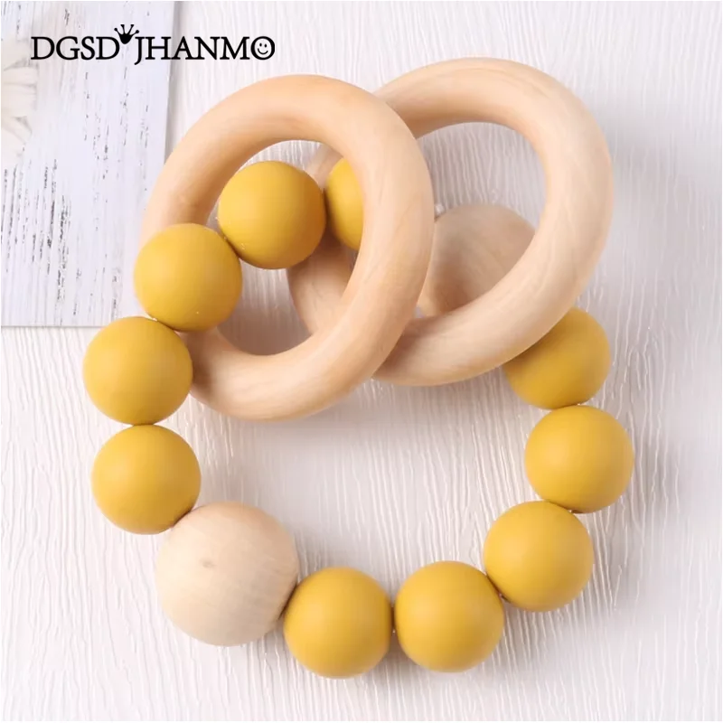

Детские погремушки-прорезыватели, браслет, пищевые силиконовые бусины, деревянный кулон в форме кольца, прорезывание зубов для жевания, аксессуары для колясок, игрушки