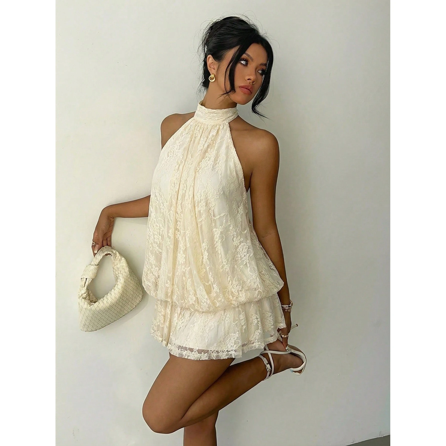 New Pure Color Holiday Slim Fit Sexy Backless Neck Hanging Waist Inflatable Short Skirt Dress Women's Fashion European Style
