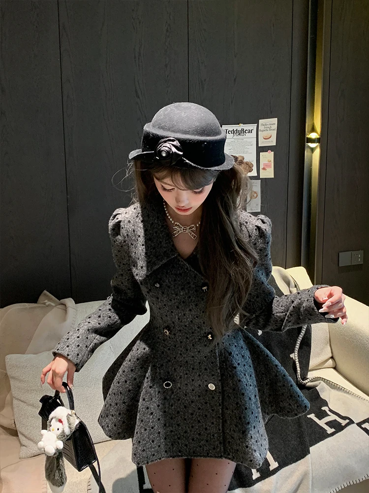 شتاء جديد النمط الفرنسي الأميرة الراقية الأسود البولكا نقطة معطف منتصف طول الخصر مقصوص معطف الصوف للنساء #4