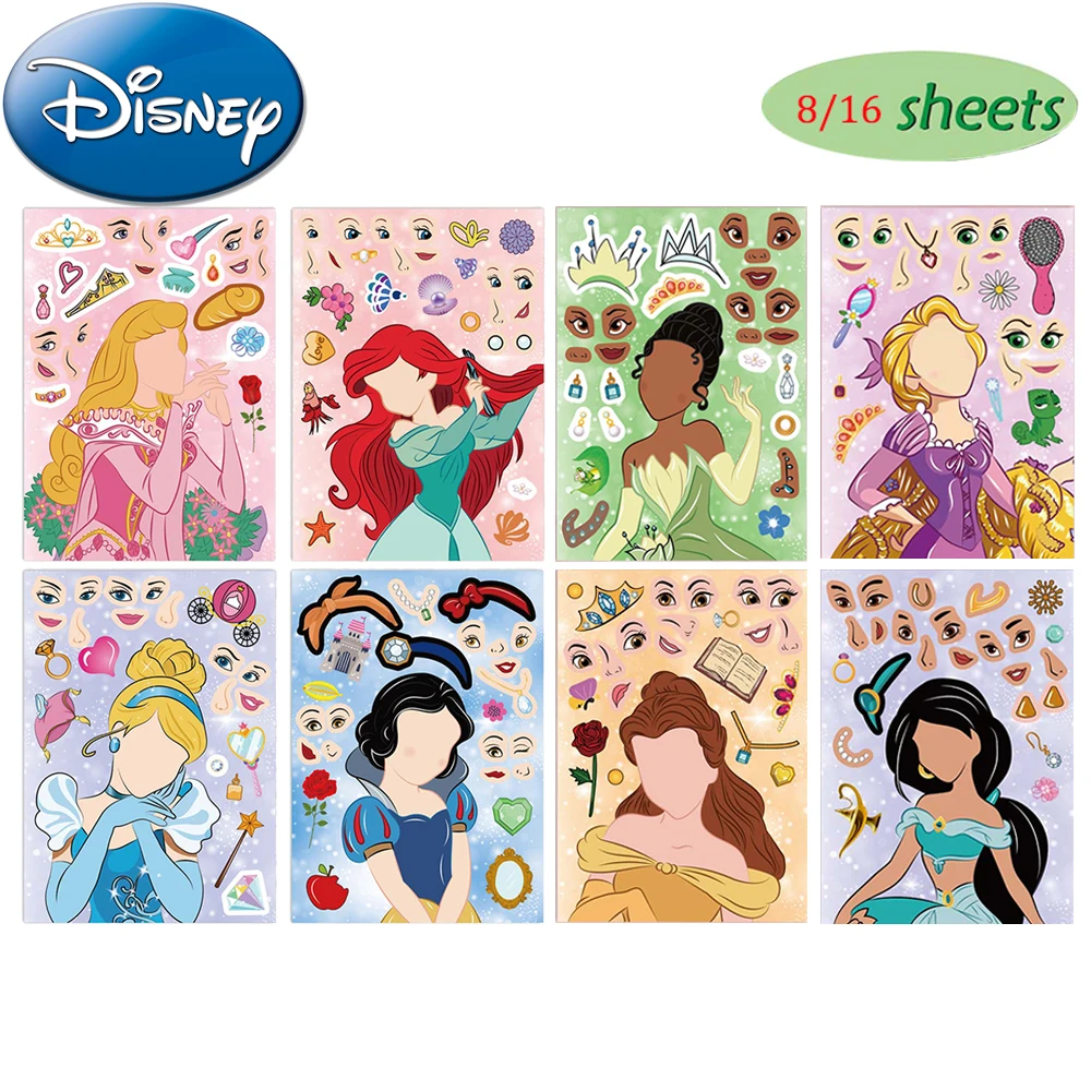 

8/16sheets Cute Disney Anime Princess Puzzle Stickers Make a Face DIY Funny Assemble Jigsaw Cartoon Decals Kids Party Decoration