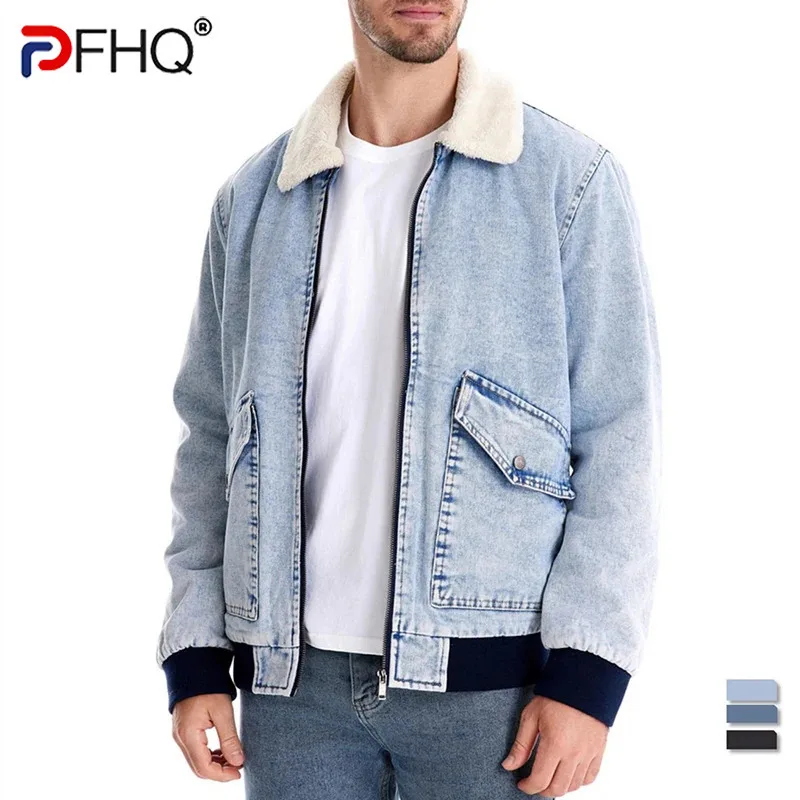 PFHQ Autumn Winter New Velvet Denim Jacket Casual Washed Men's Denim Top Thickened Cotton Vintage Patchwork Male Tops 21Z6212